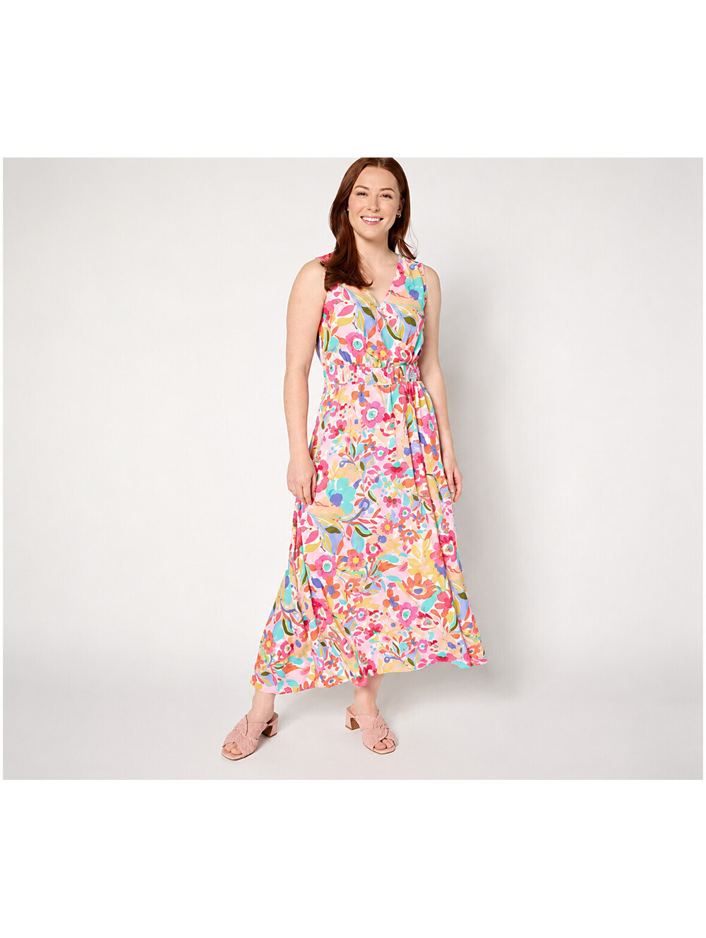 Susan Graver Allover Print St. Tropez Maxi Dress Pink/Multi, Petite XX-Small